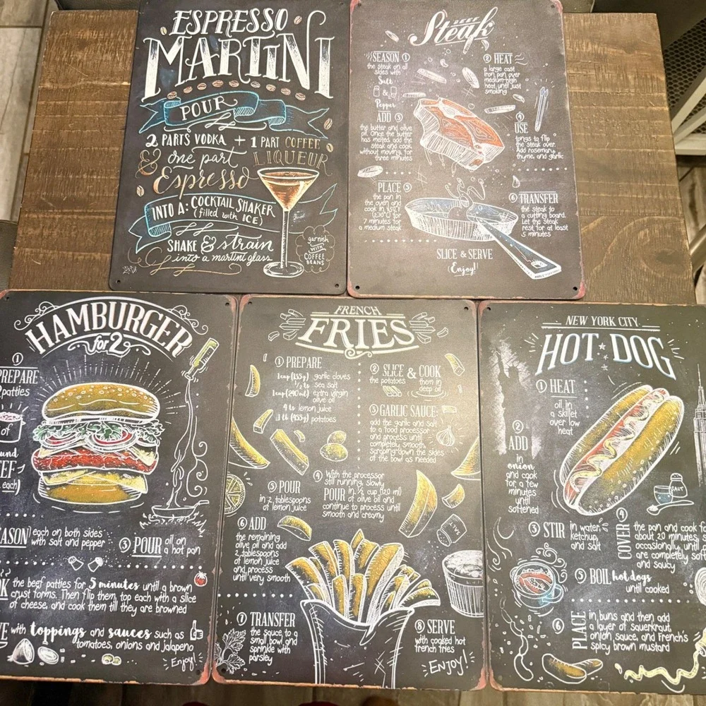5PC Metal Tin Sign Set Multicolor Excellent Chalkboard Recipe Art